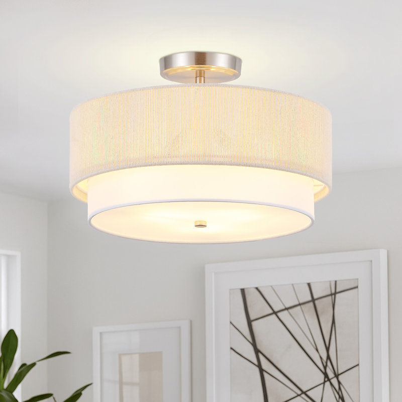 15" 3-Light Rope Drum Semi-Flush Mount Ceiling Light, Brushed Nickel
