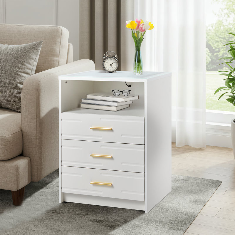 Table de chevet à DEL avec tiroirs, chargement sans fil et ports de chargement USB et Type-C, Blanc