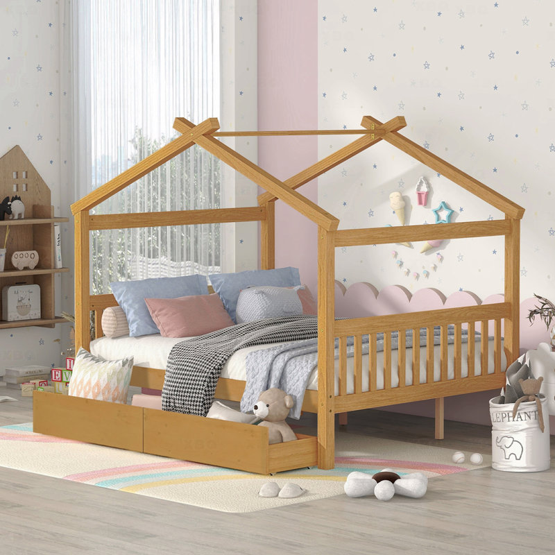 Lit double, maison en bois avec tiroirs, Lit double, Brun