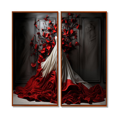 Fashion Red Dress Elegance Unveiled IV - Red Glam Art Prints On Canvas Set Of 2