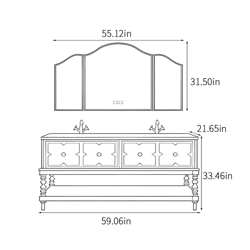 Floor-standing American-style bathroom cabinet, White, 33.46" H x 59.06" W x 21.65" D