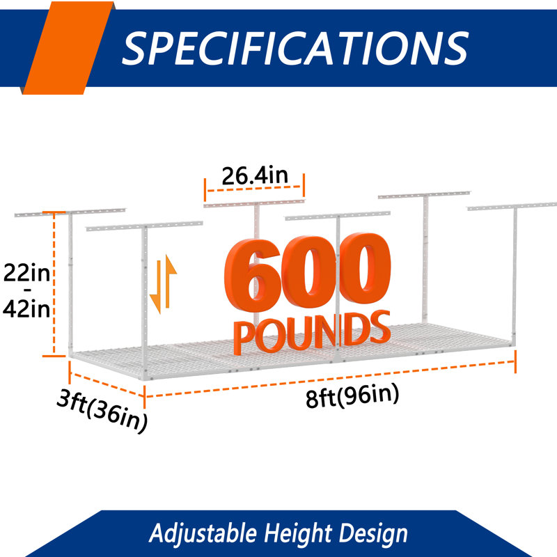 Elevated Garage Storage Racks,adjustable Ceiling Storage Racks,600 Lb.load Capacity., 40" H x 96" W x 36", White