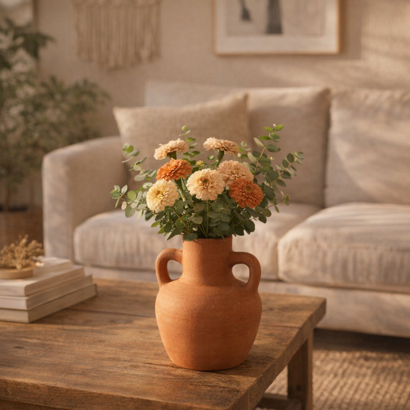 Vase décoratif décoratif en terre cuite Boho Bud - Vase à fleurs texturé avec poignées, H 6 po x l 4,5 po x P 4,5 po, Red