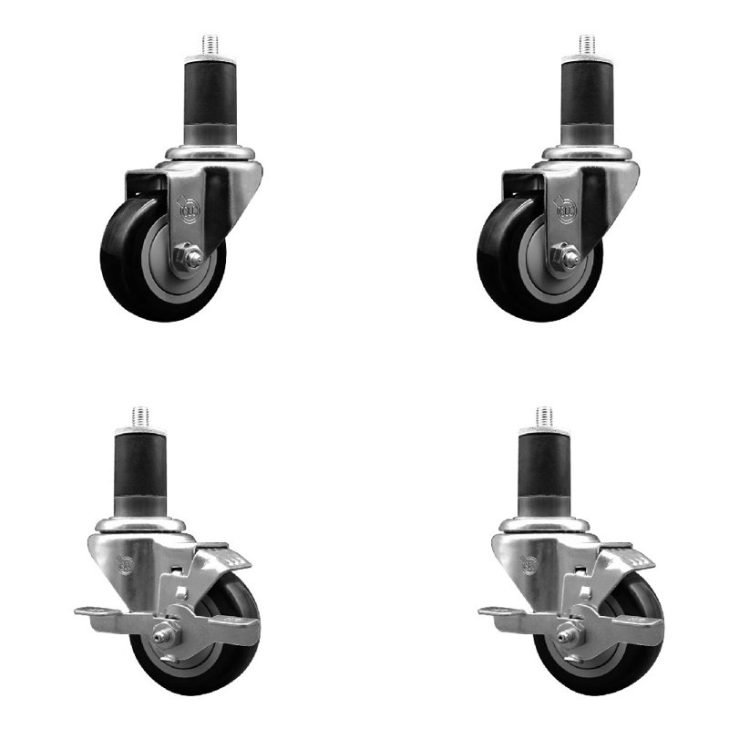 3 Inch Black Poly Wheel Swivel 1-5/8 Inch Expanding Stem Caster Set 2 Brakes SCC