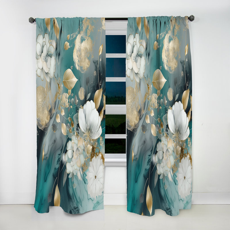 Rodwell - Golden Blue Marble Flowers II - Traditional Velvet Curtain - Room Darkening - 1 panel, 52" W x 108" L