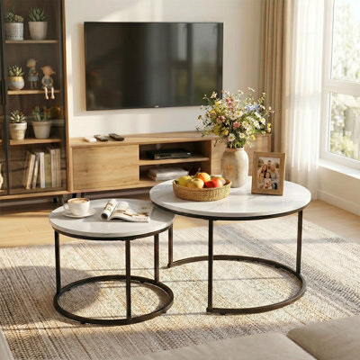 2-pieces Round Nesting Coffee Table Metal Frame And Wood Finish Side Tables