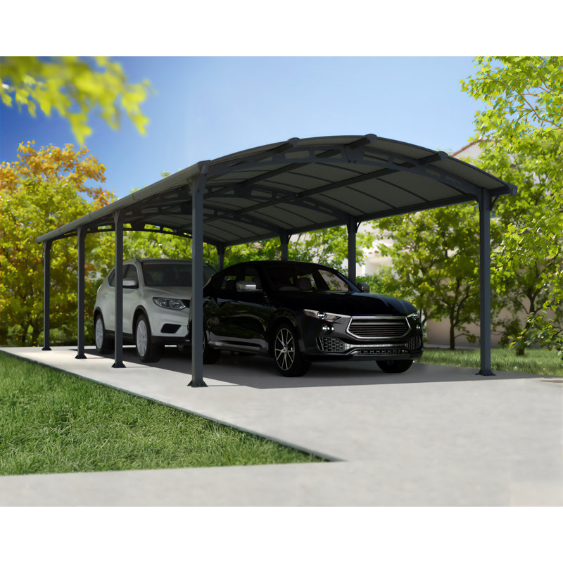 Palram - Canopia Arcadia 12' W x 28' D Polycarbonate Galvanized Steel Weather-Protected Carport Canopy for Cars Trucks Gray