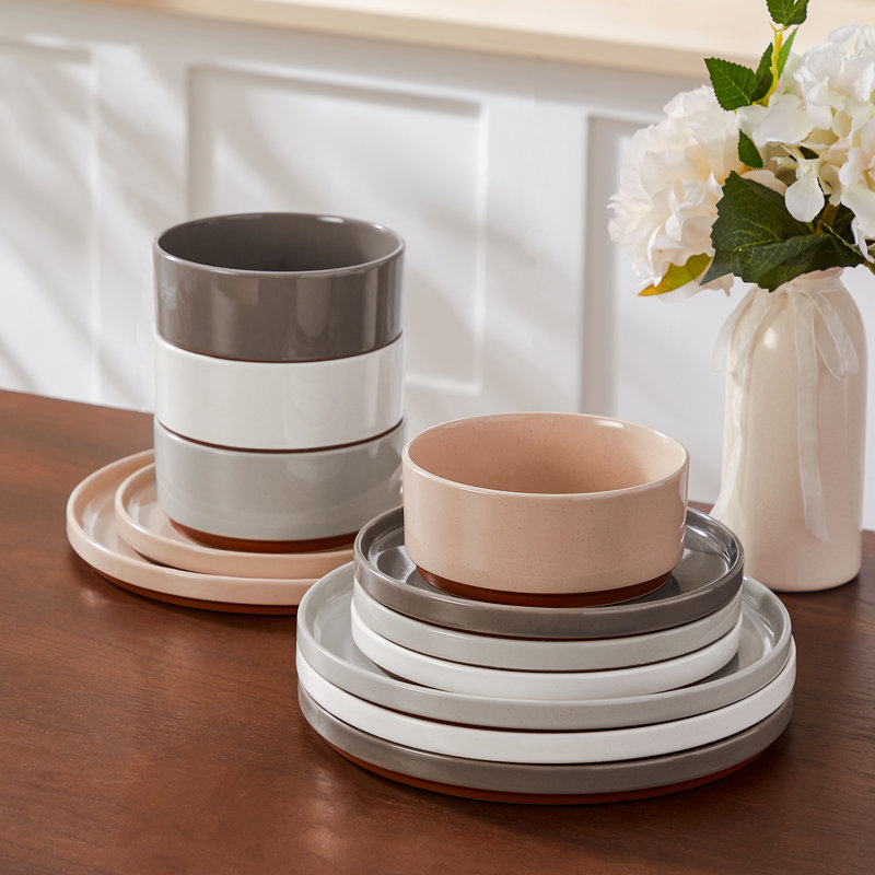 12-Piece Sesame Glaze Stoneware Dinnerware Set, Service For 4 , Brown/Pink/White/Grey