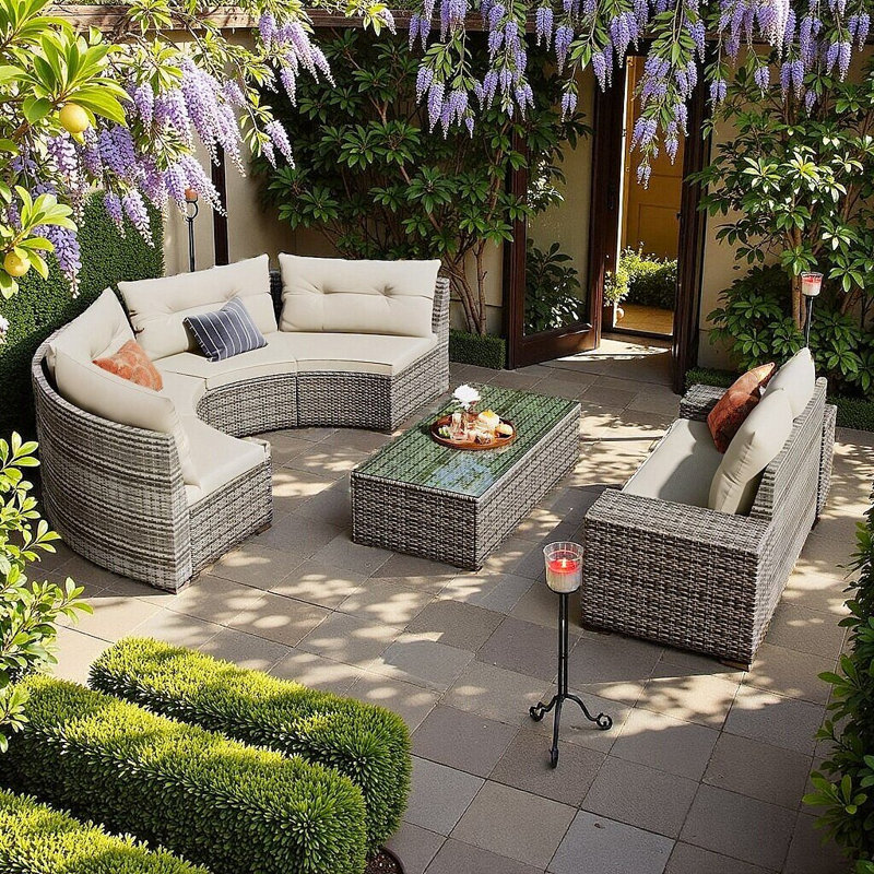 Ensemble de canapé rond en osier 8 pièces avec table basse 8 pièces, Beige