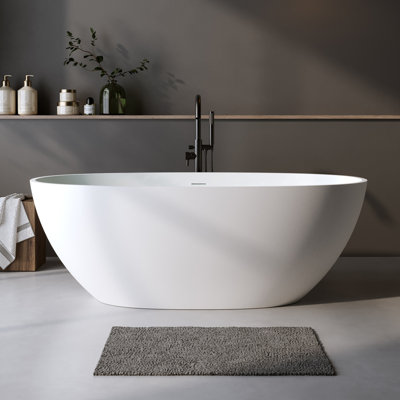 55" Solid Surface Stone Resin Freestanding Bathtub With Overflow & Pop-up Drain - Matte White Oval, Thick Edge Freestanding Soaking Tub