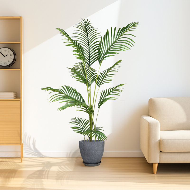 Pots de plantes rondes en résine avec plateau type Sago, H 62,99 po x l 15,75 po x P 15,75 po, Gris foncé