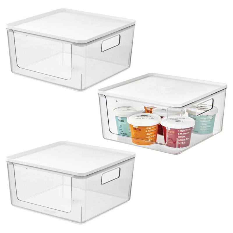 Ensemble de 3 bacs de rangement ouverts à l'avant avec couvercle pour cuisine et garde-manger iDesign - transparent / blanc