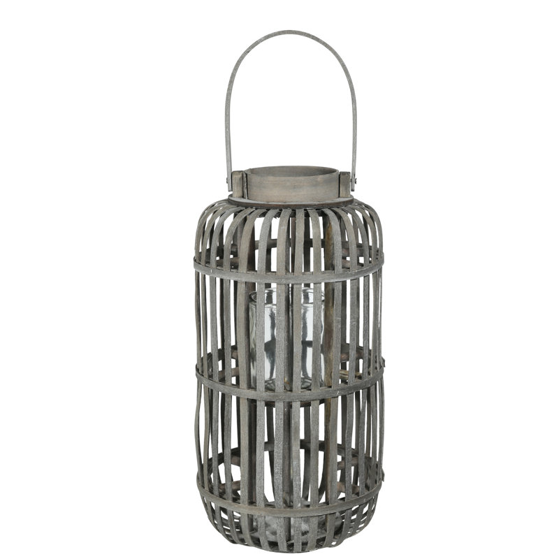 Lanterne en bois rond, Gris, H 18 po x l 9,5 po x P 9,5 po