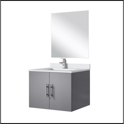 Meuble-lavabo simple blanc lustré 24 po X P 22 po D, comptoir en quartz blanc, 18 po Ensemble miroir et robinet