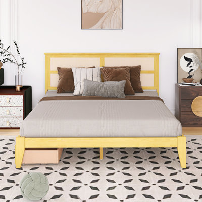 Wood Frame King Size Bed With Rattan Headboard And Two Storage Drawers