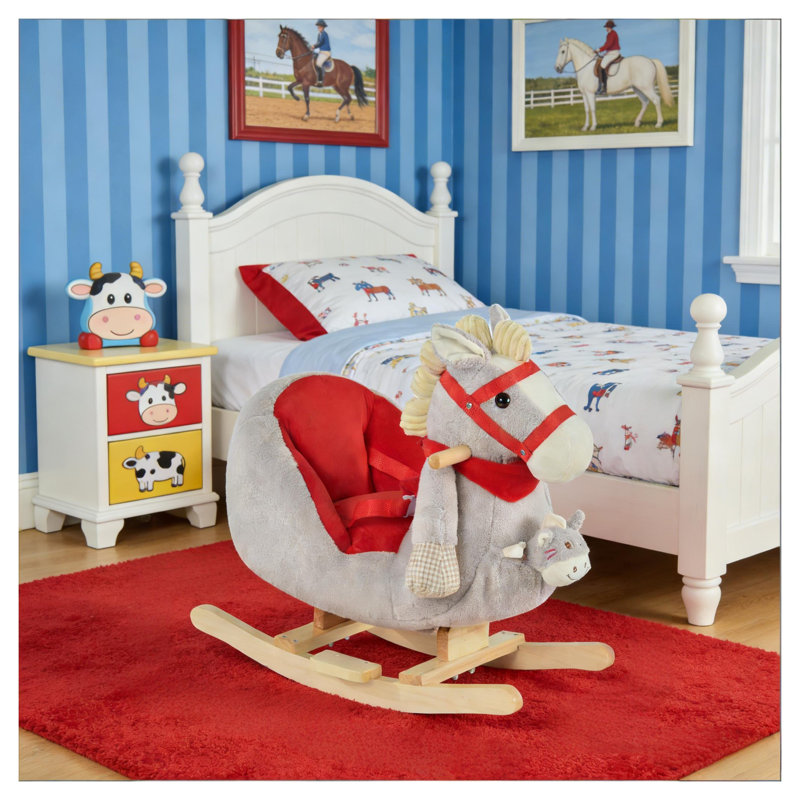 Jouet pour cheval à bascule en tissu doux, structure en acier gris et bois pour enfants