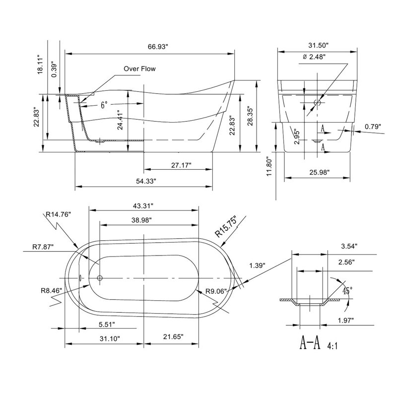 71 " L x 31 " W Freestanding and Mounting / Installation Required Soaking Plastic / Acrylic Bathtub