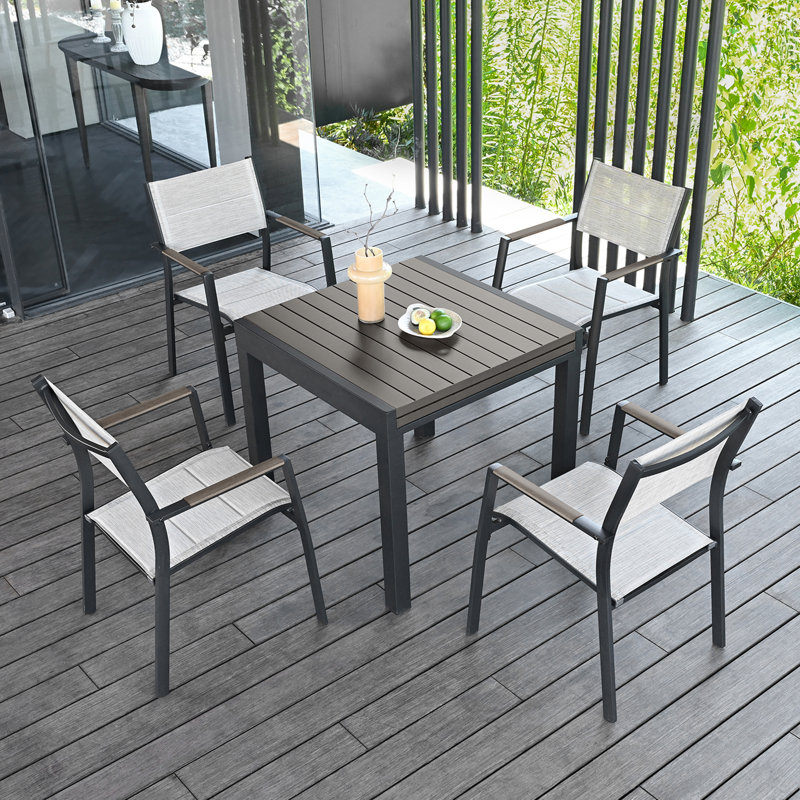 5 Pieces Expandable Patio Dining Set, Never-Rust Aluminum Outdoor Dining Table Set, 32"-65" Extendable Dining Table and Stackable Textilene Dining Chairs for Garden, Deck, Indoor, Limed Oak