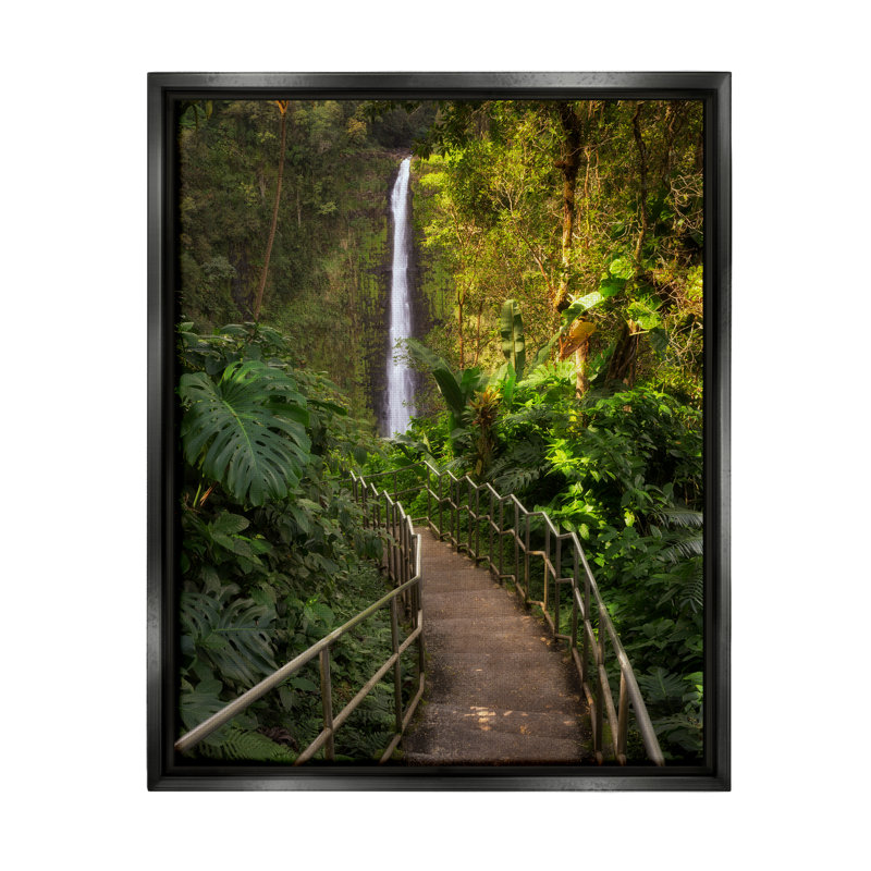 Au-807-Framed Lush Jungle Bridge Waterfall by Dennis Frates - Floater Frame Print on Canvas, Jet Black Floater Frame