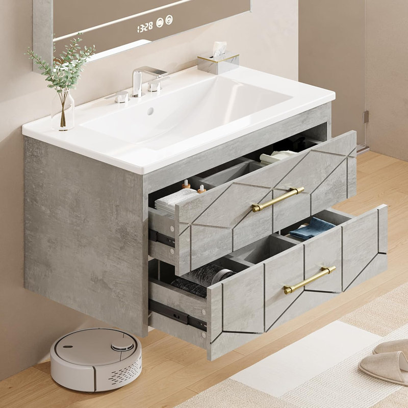 Meuble-lavabo mural moderne 30 po avec lavabo, meuble-lavabo mural moderne avec plateau en céramique et 2 tiroirs, gris, Gris