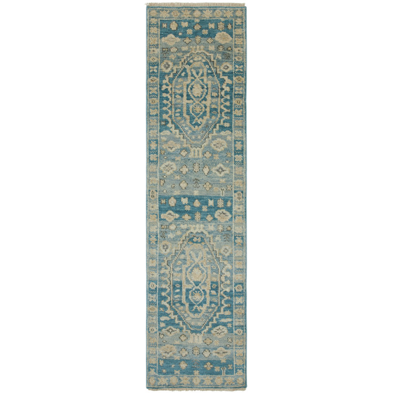 Giuliano Azure Medallion Hand-Knotted Wool Area Rug, Runner 2'6" x 10'