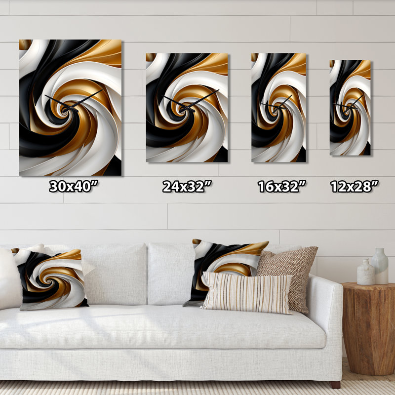 Horloge murale abstraite à spirale abstraite liquide or noir et spirale double I, H 32 po x l 24 po x P 1 po