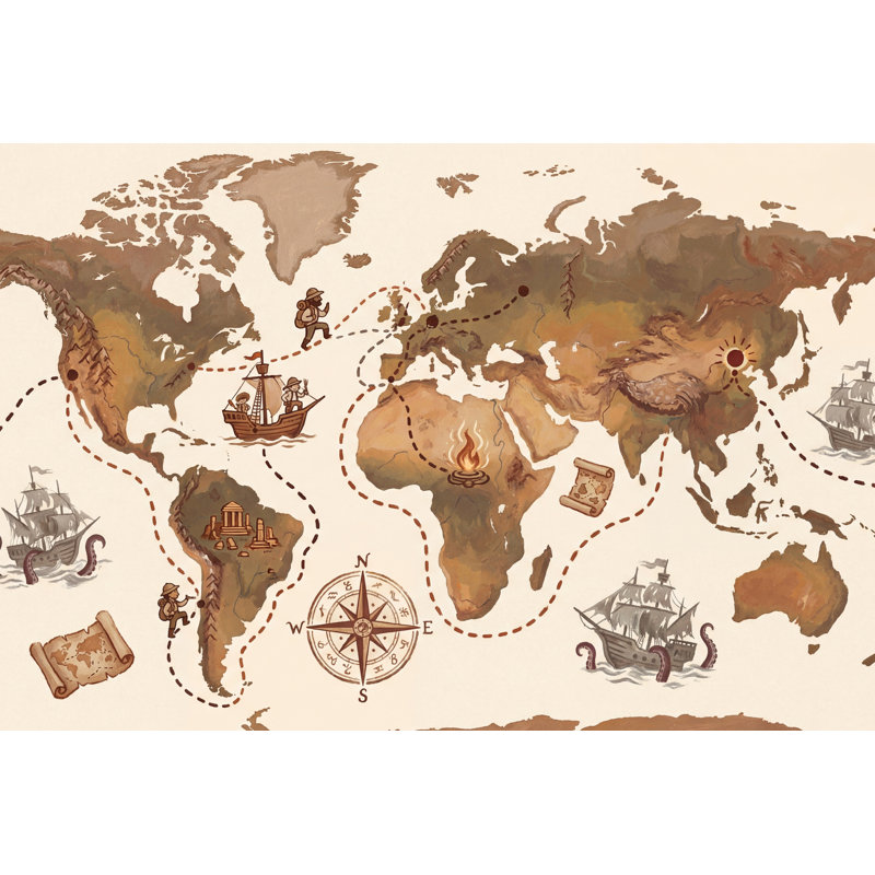 Papier peint carte du monde nautique, 100 po x 96 po, Peler et coller