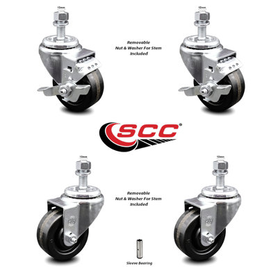 3.5 Inch_Phenolic Wheel Swivel 12mm Threaded Stem Caster Set 2 Brakes SCC