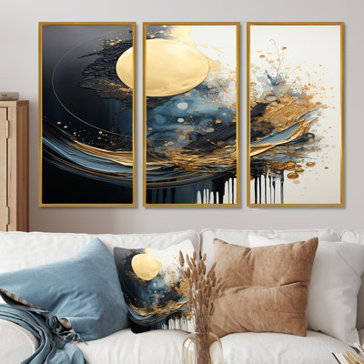 «Golden Full Moon Rising Ocean Waves II», ensemble d'art mural paysage abstrait