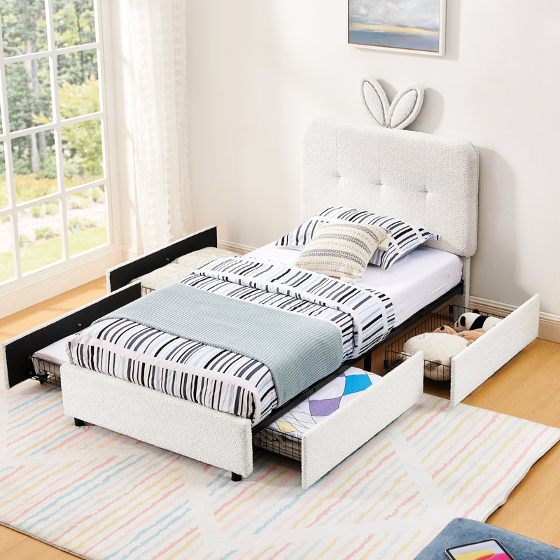 Lit simple avec grande tête de lit en lapin, télécommande à DEL, 4 tiroirs de rangement, tissu Boucle, doux et doux, chambre à coucher à structure stable surdimensionnée pour un sommeil réparateur