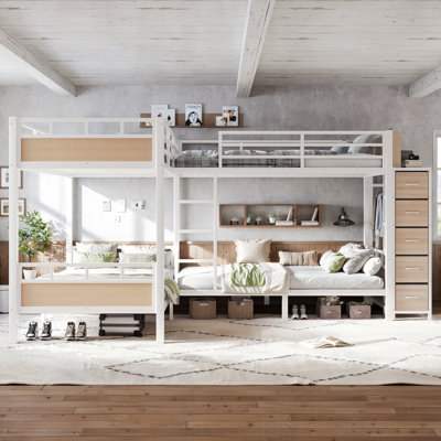 Lit superposé quadruple en métal avec tiroirs de rangement, 4 lits simples, armoire intégrée et tablettes ouvertes, blanc