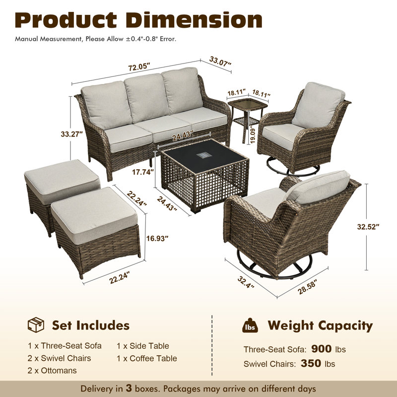 Ensemble de meubles de patio en osier toutes saisons 7 pièces Cracraft, 7 pièces: 3 tables, 2 chaises, canapé, repose-pi