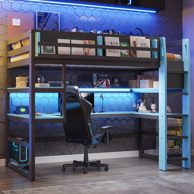 Lit mezzanine simple en bois avec bureau, support de rangement latéral, tablettes multiples et lumière RVB, Noir, bleu