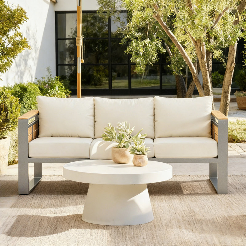 Aluminum Outdoor Patio 3-seat Sofa, All-weather Outdoor Couch With Thick Olefin Cushions & Wide Armrest For Garden, Backyard, Porch, Beige