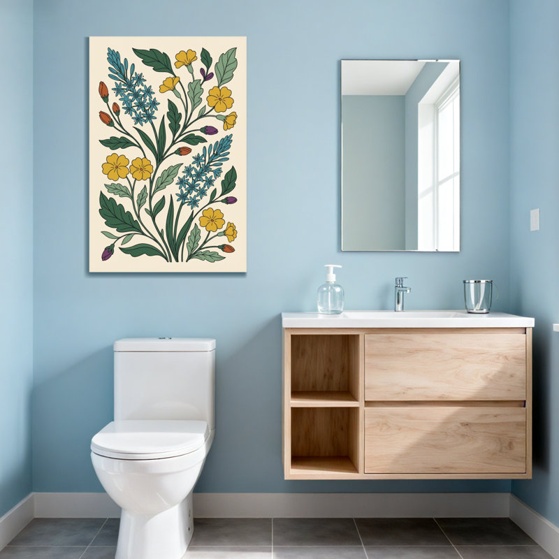 Plantes et fleurs avec motif floral jaune et bleu, H 40 po x l 28 po