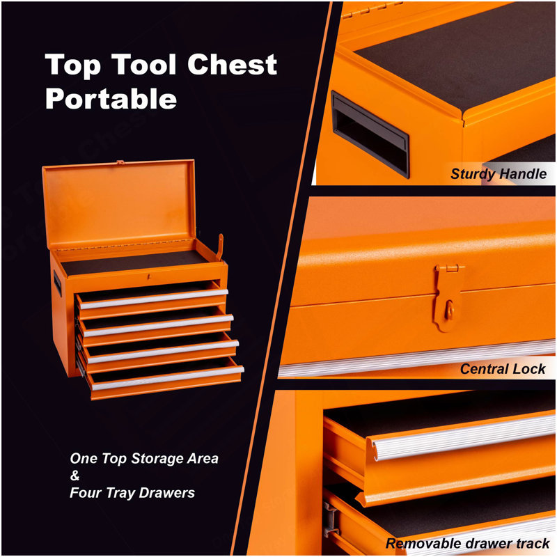 Coffre à outils, armoire de rangement à 5 tiroirs avec boîte à outils supérieure amovible, doublure, roues verrouillables universelles, tablette réglable, mécanisme de verrouillage, chariot à outils, outils de 154 pièces
