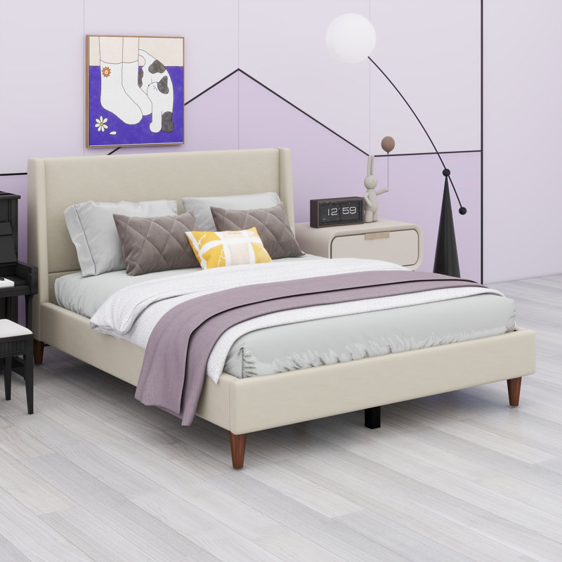 Lit plateforme tapissier avec tête de lit à oreilles et pieds en bois, Beige, Très grand lit