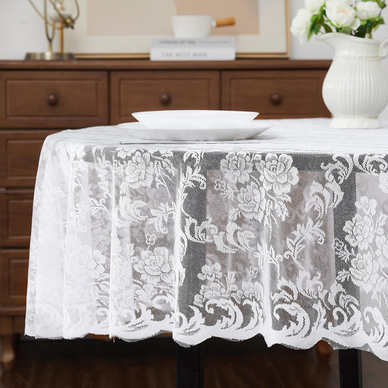 Keilly Round Floral Wedding Lace Tablecloth, 70" Round, White
