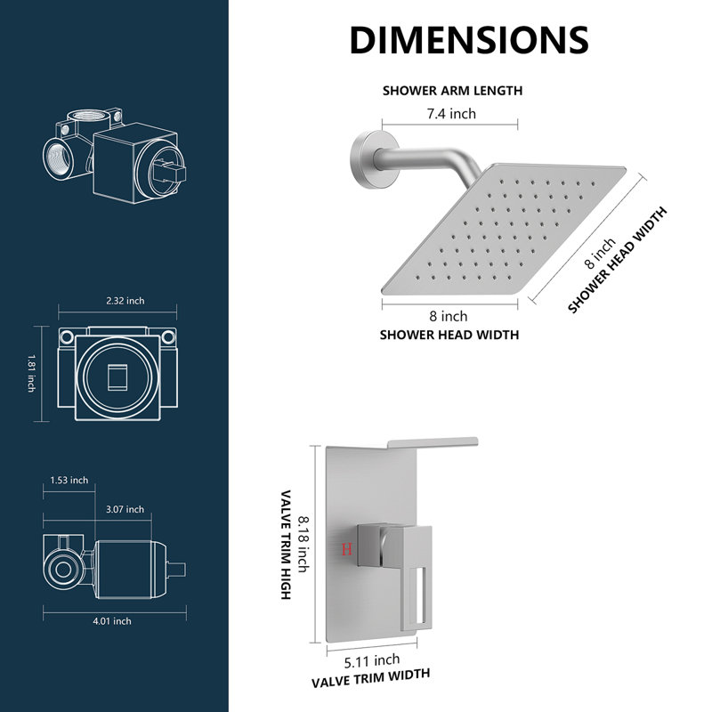 Robinet de douche avec support de rangement Ensemble de décoration de pomme de douche à pluie de 8 pouces avec pomme de douche à jet simple Ensemble complet de nickel brossé