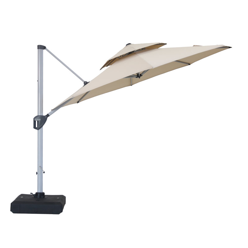 Parasol en porte-à-faux rond rotatif à 360 degrés avec base et couvercle Roziyah, Beige