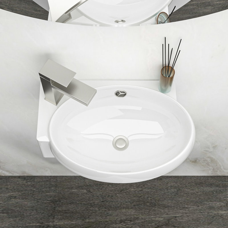 Lavabo de salle de bain mural en céramique blanc 16 x 11 pouces, trou de robinet simple, acide, surface lisse, faible absorption d'eau, résistance à l'apparence moderne, décor