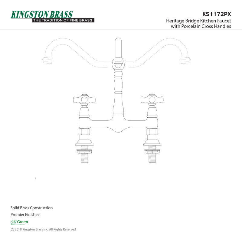 Kingston Brass Heritage Two-Handle 2-Hole Deck Mount Bridge Kitchen Faucet, Polished Brass