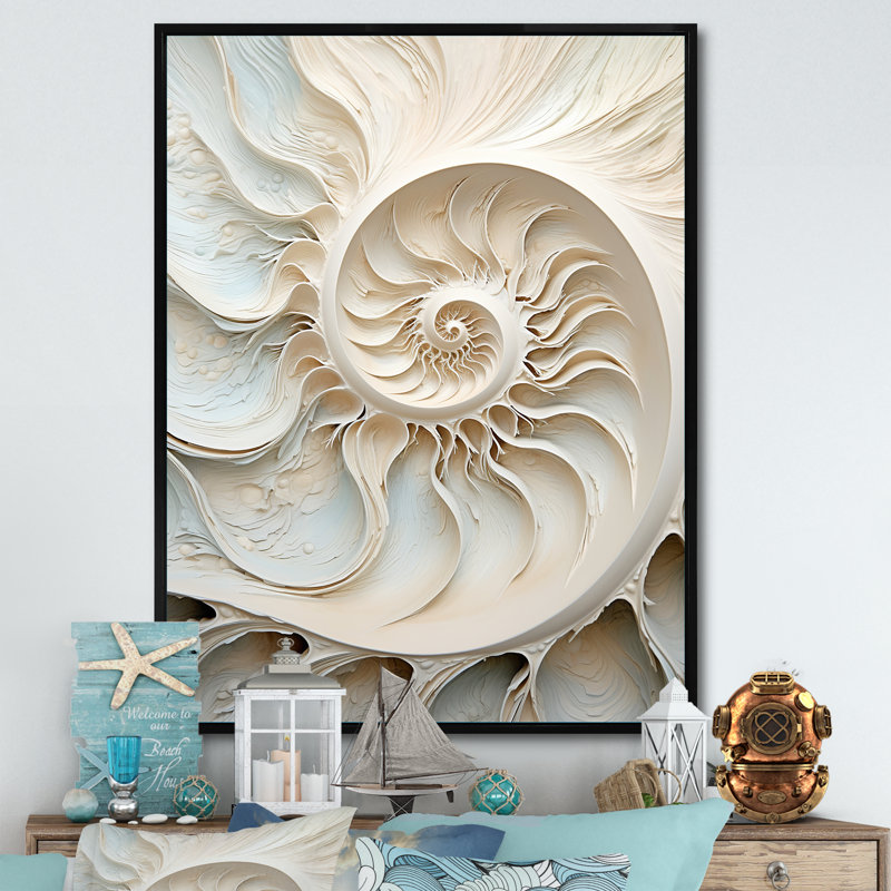 Ivoire Infinity Sea Sheel Spiral sur toile, Cadre flottant noir, 32" H x 16" W