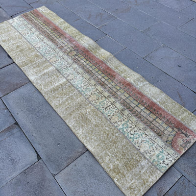 Handcrafted Vintage Turkish Oushak Wool Runner Rug with Unique Patchwork and Tassels - Green