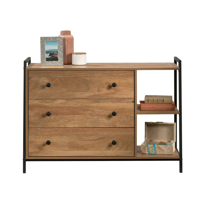 Commode avec tiroirs et deux tablettes ouvertes, Brun