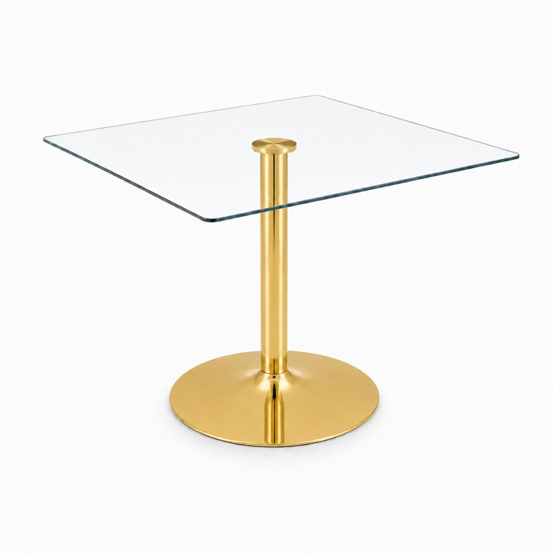 Table de salle à manger moderne carrée en verre avec base à une colonne pour 2 à 4 personnes, Gold