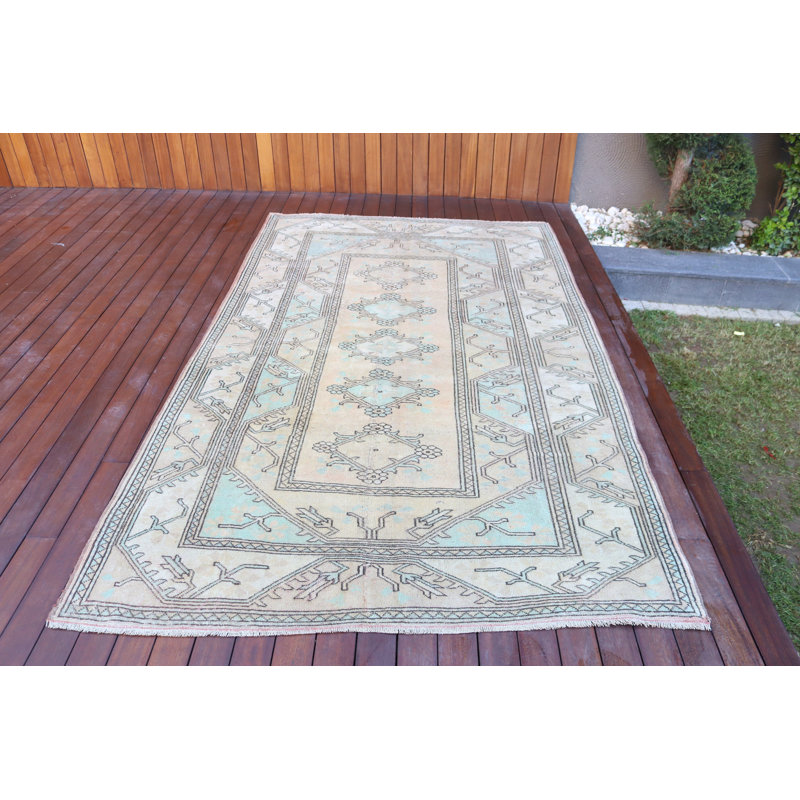 Tapis en laine fabriqué à la main en beige et turquoise avec un design unique Oushak pour la décoration de plancher
