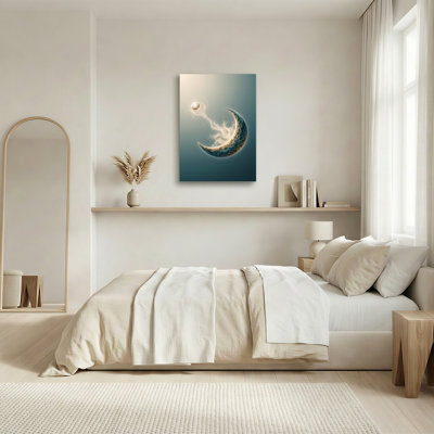 Blue Crescent Moon and Golden Planet Stardust Trail Canvas Wall Art