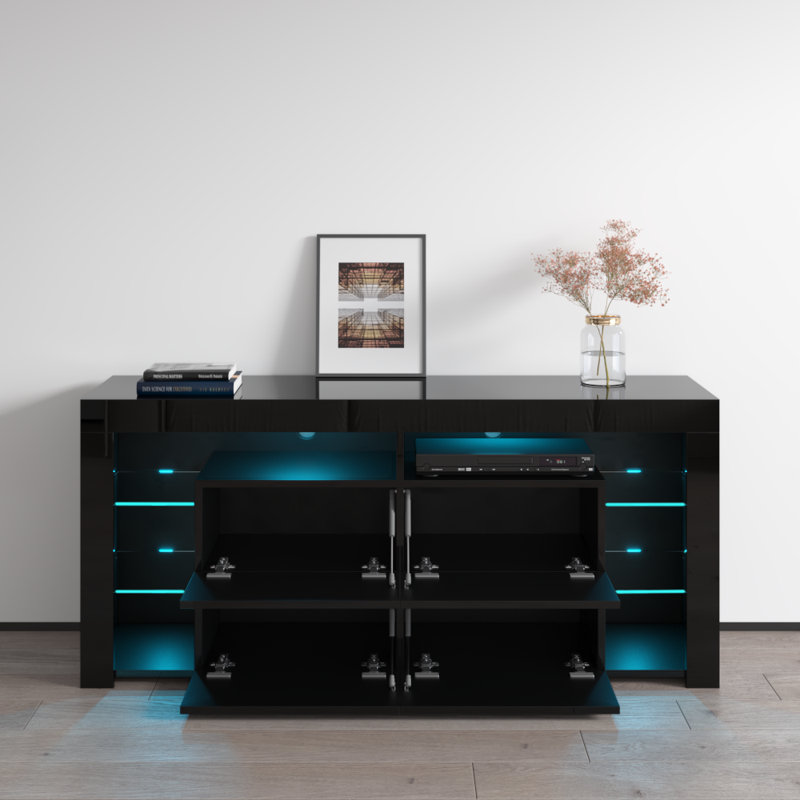 Eara 61" Modern TV Stand with LED Lighting, High Gloss Finish, Media Storage, Black