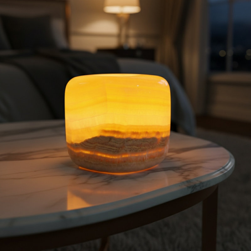 Lampe de table cylindrique en marbre de jade ambre naturel, veilleuse à DEL à intensité variable à 3 niveaux, lampe de chevet en pierre de jade rechargeable USB-C, lampe d'ambiance sans fil portable pour une utilisation intérieure et extérieure